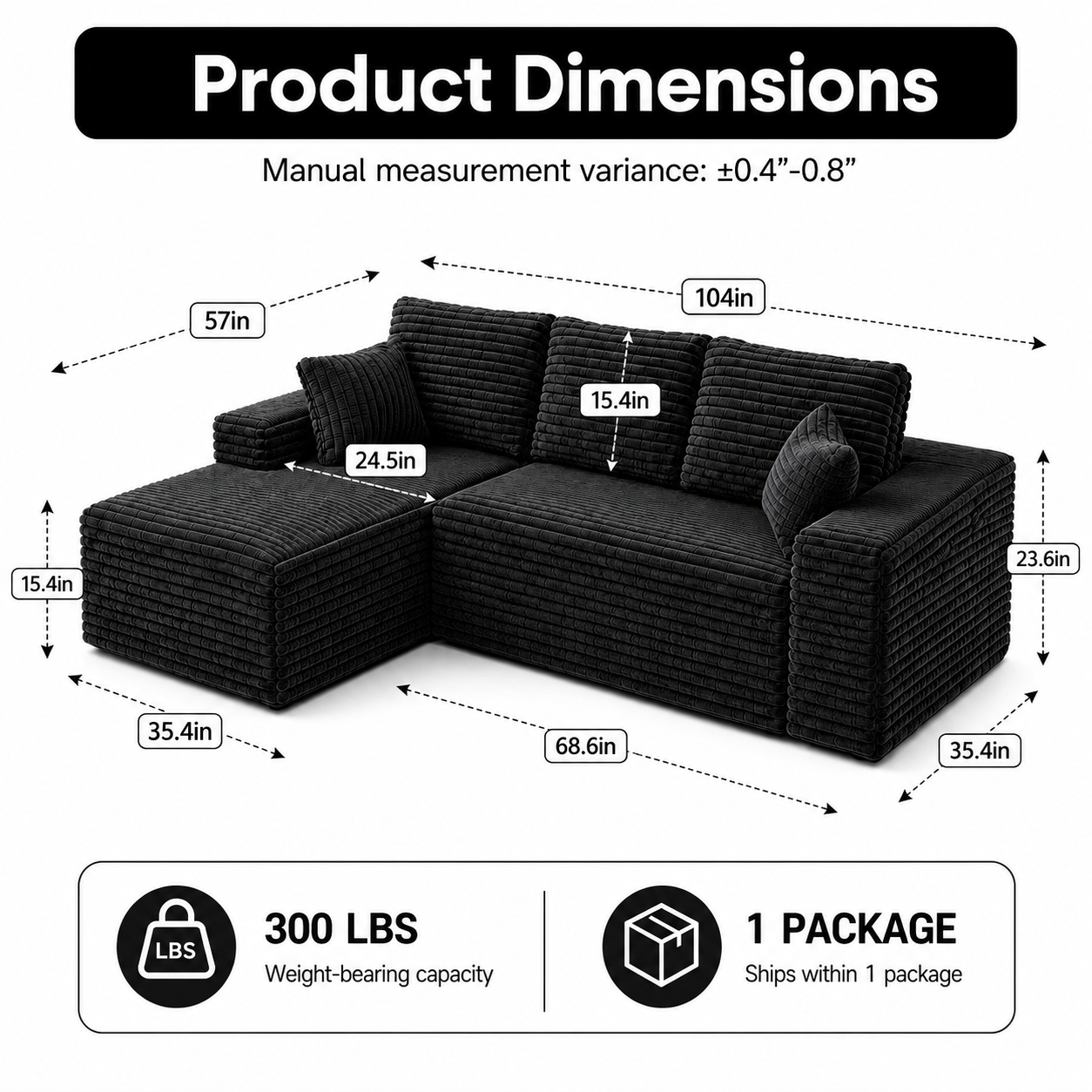 104" Corduroy Modular Sectional Sofa, L-Shaped Deep Seat Couch with Chaise, Pocket Spring Support, No Assembly Required, Black