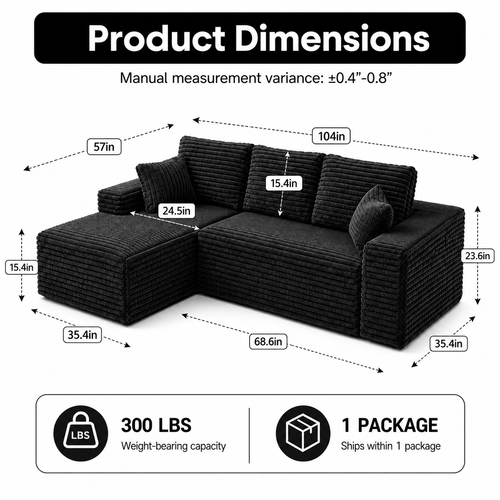 104" Corduroy Modular Sectional Sofa, L-Shaped Deep Seat Couch with Chaise, Pocket Spring Support, No Assembly Required, Black