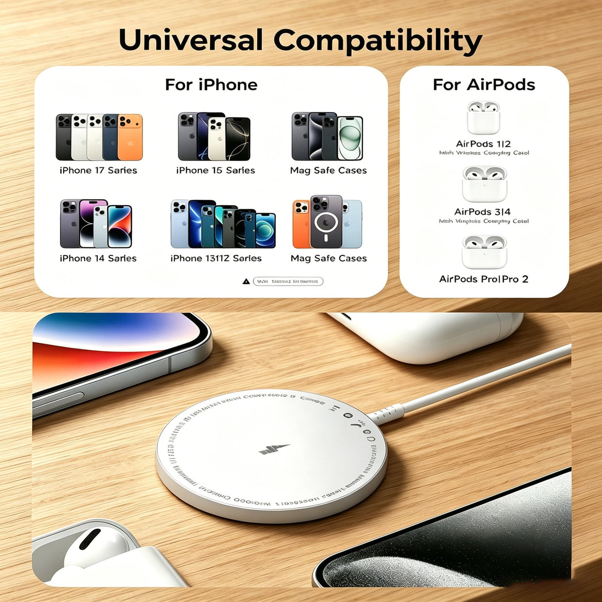 Magneticr Wireless Charging for iPhone 17, Fast Wireless Charger Compatible with iPhone 17 Air Pro Max/16/15/14/13/12 Series, Samsung Galaxy S25, AirPods, USB & USB C Dual Ports, White